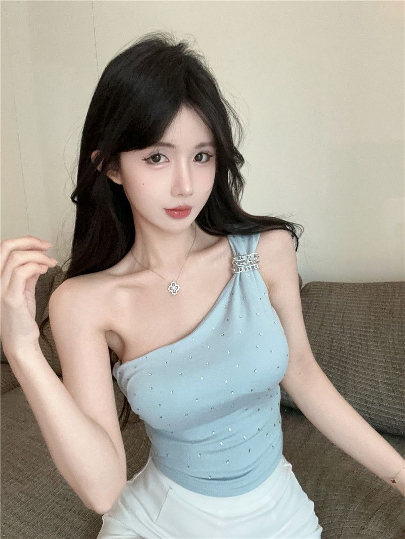 💕chic韓系性感斜肩燙鑽抹胸背心無袖上衣