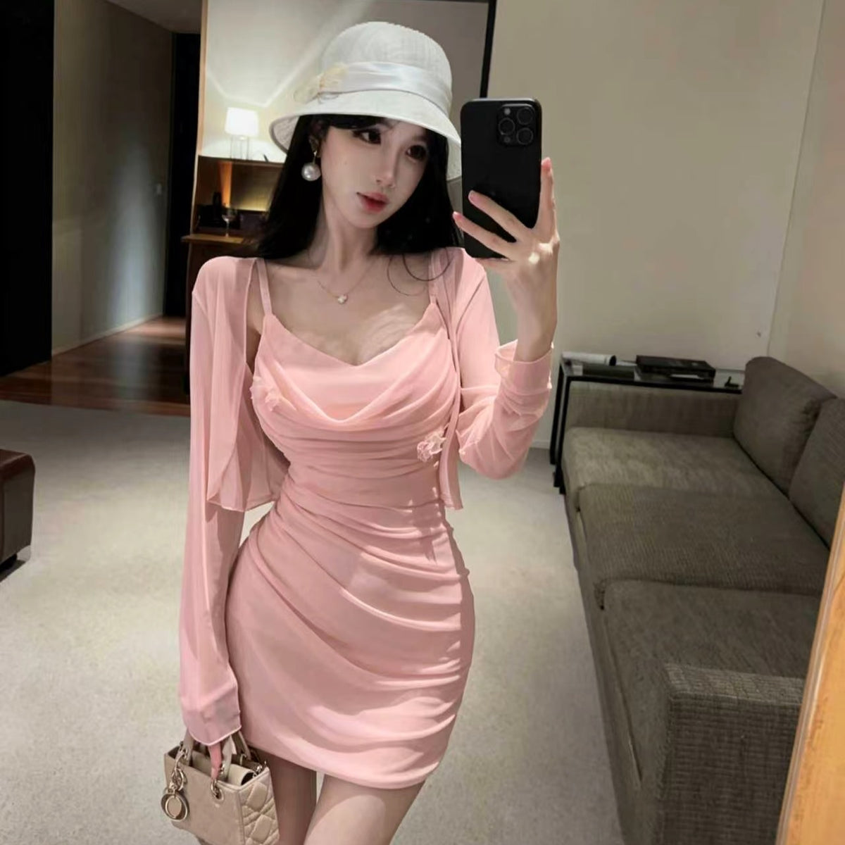 💕氣質盪領褶皺感網紗配薄外搭兩件套