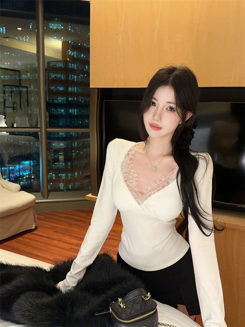 💕氣質白色扭結蕾絲長袖收腰顯瘦上衣