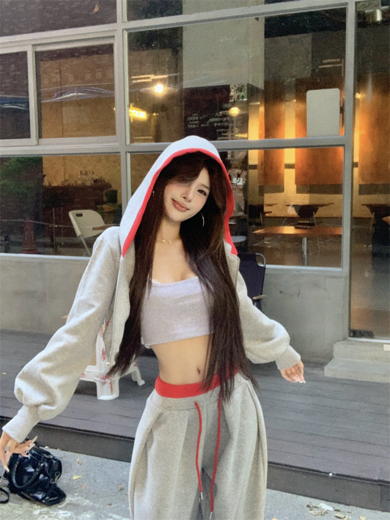 💕韓系個性設計感灰色長袖顯瘦休閒褲套裝