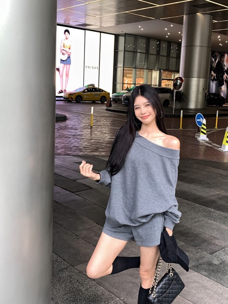 💕韓系慵懶斜肩寬鬆不規則長袖衛衣套裝