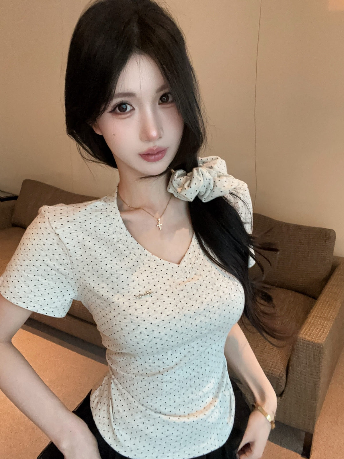 💕氣質星星點點V領短袖上衣