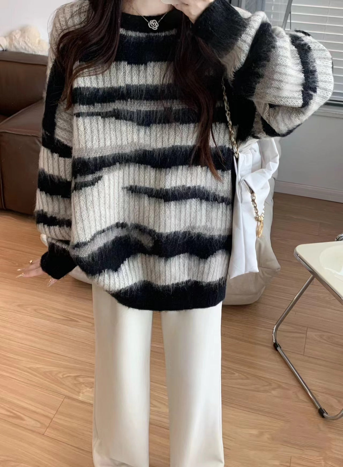 💕韓系ins秋冬撞色條紋慵懶中長毛衣針織衫