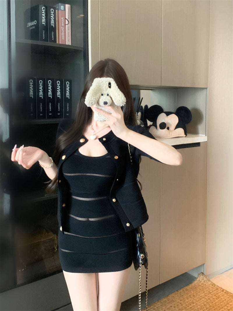 💕輕熟風拼接吊帶連衣裙外套套裝