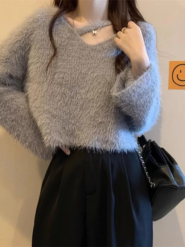 💕秋冬慵懶軟糯水貂毛短款上衣