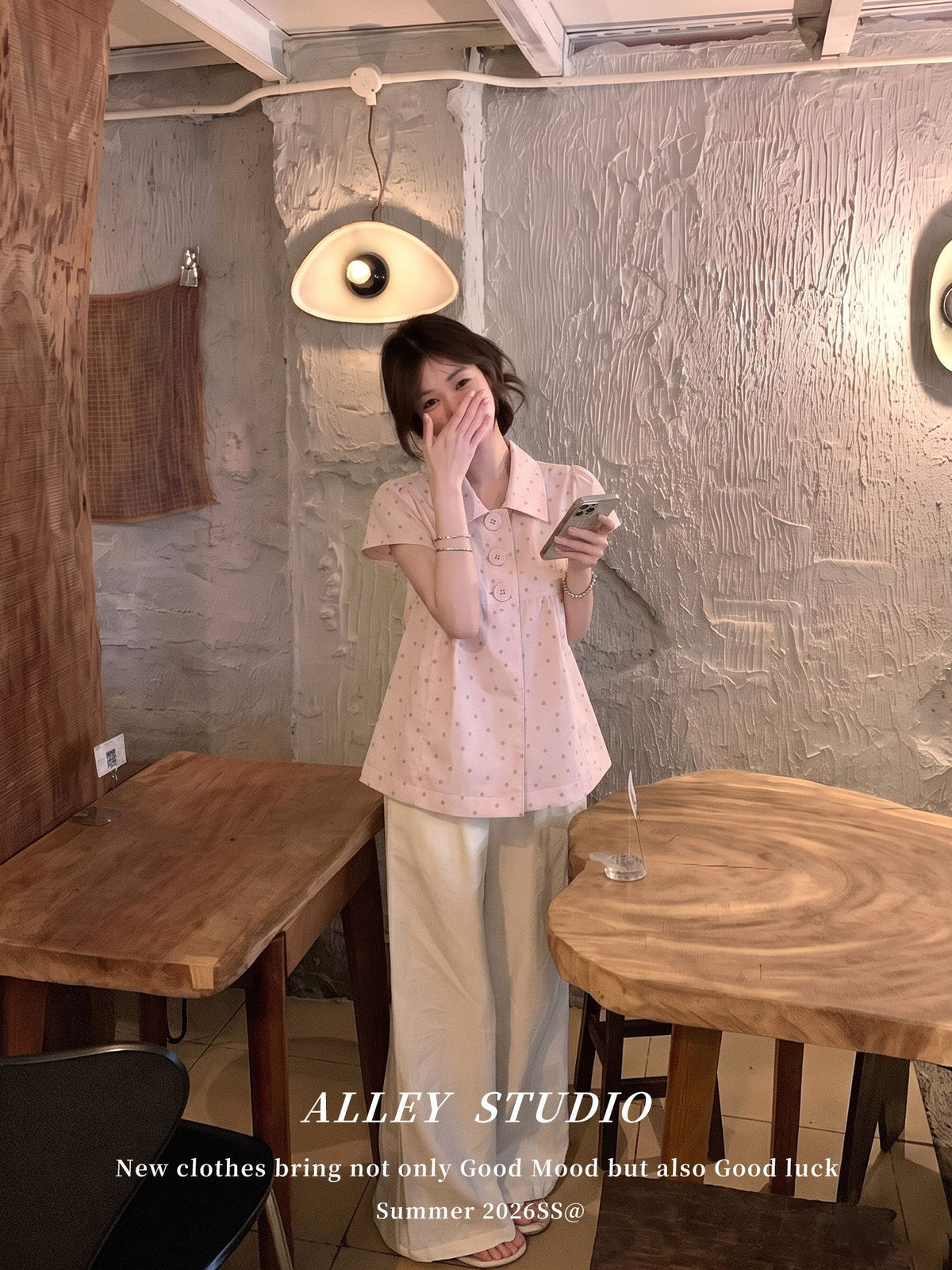 💕韓系甜美粉色飛機袖點點減齡襯衫