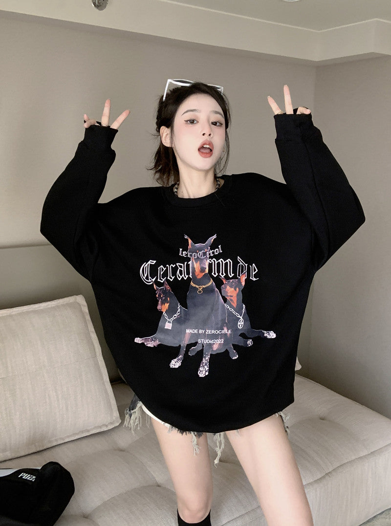 💕美式帥氣杜賓犬印花寬鬆中長衛衣