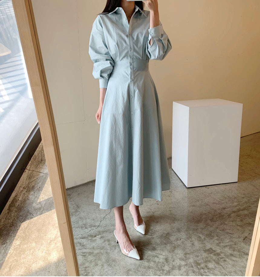 💕chic通勤簡約法式收腰顯瘦襯衫連身長裙