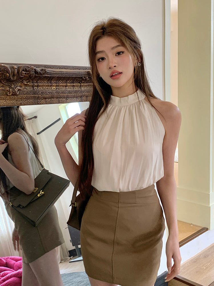💕夏季溫柔掛脖無袖露肩吊帶背心上衣
