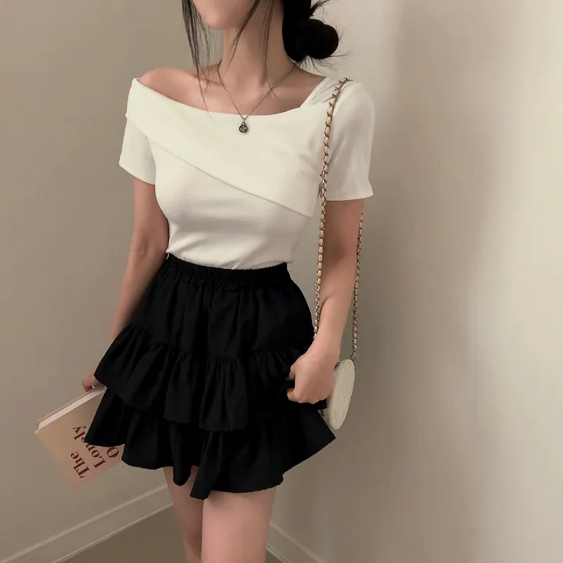 💕韓系chic修身氣質顯瘦斜肩上衣