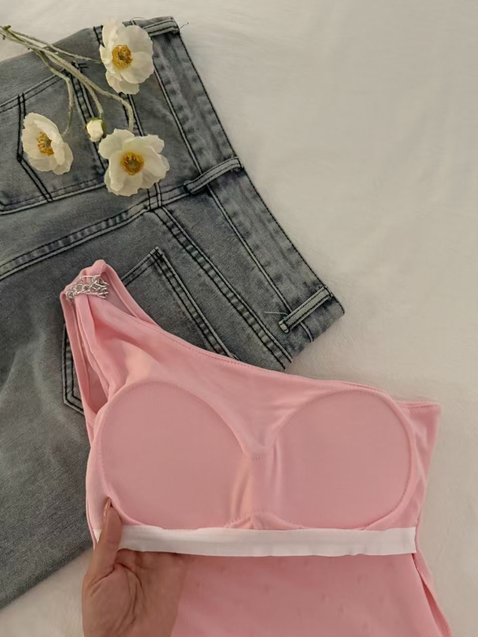 💕chic韓系性感斜肩燙鑽抹胸背心無袖上衣