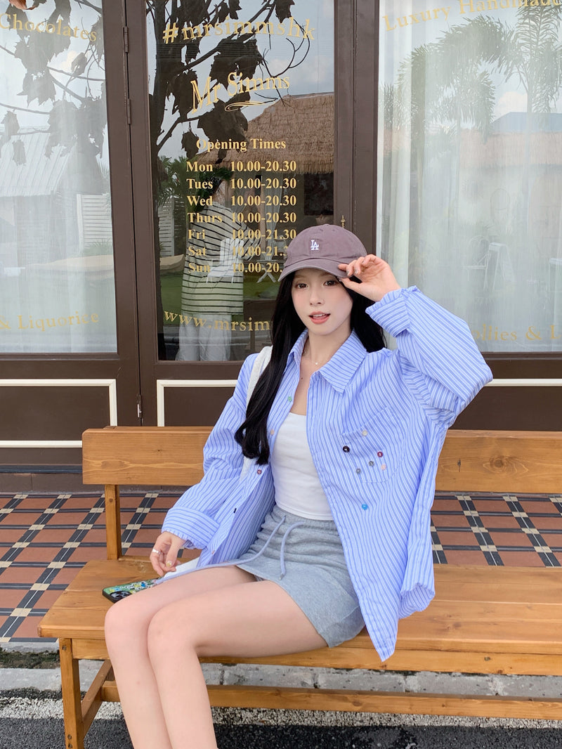 💕青春寬鬆百搭別緻彩色鈕扣條紋襯衫