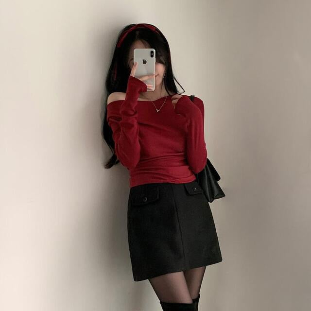💕溫柔春秋純欲露肩+飄帶顯瘦法式上衣