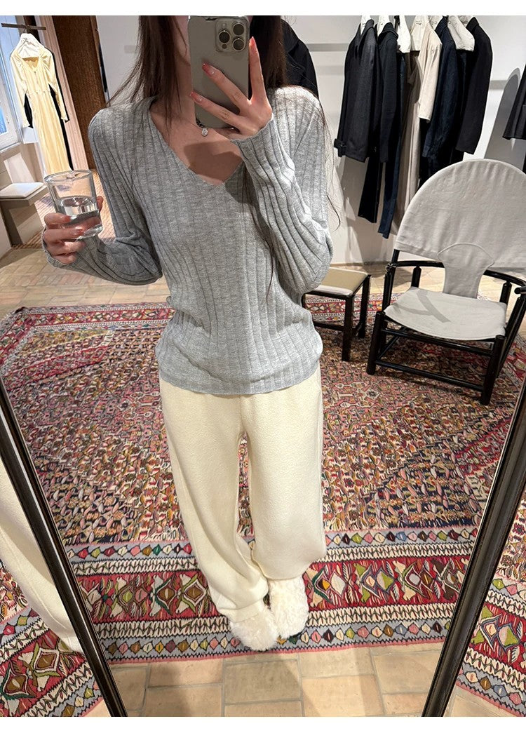 💕簡約百搭通勤V領針織打底修身顯瘦上衣