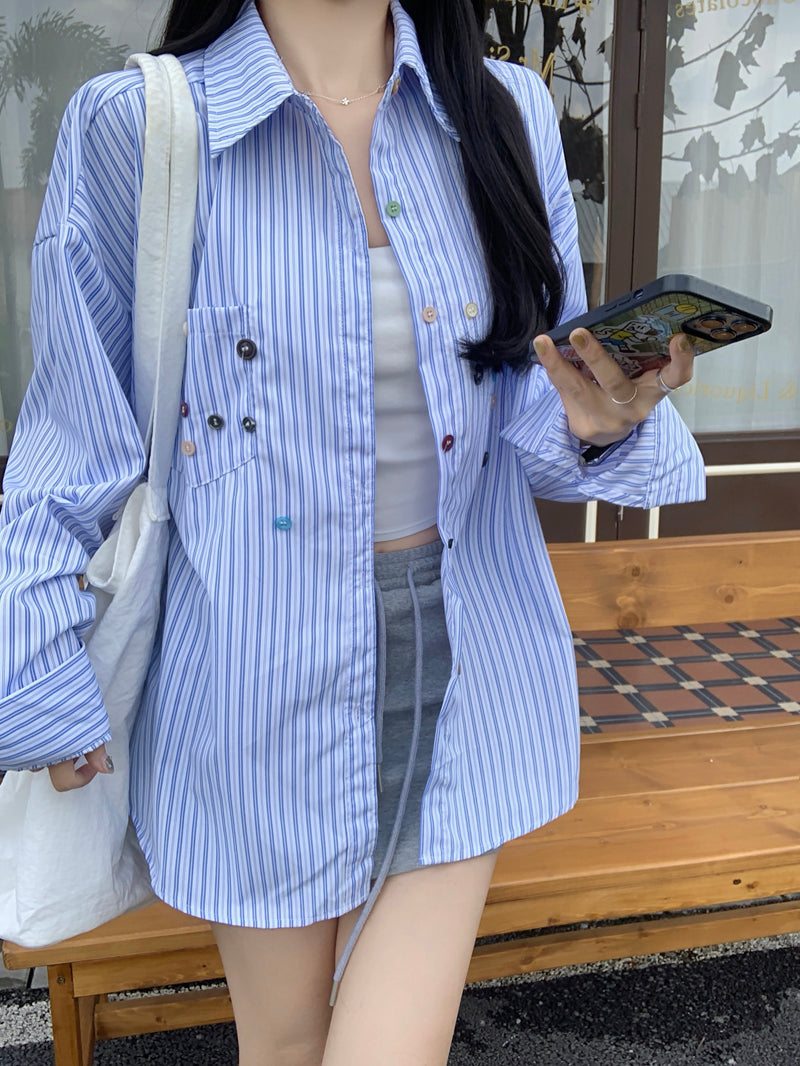 💕青春寬鬆百搭別緻彩色鈕扣條紋襯衫