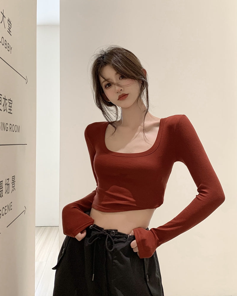 💕百搭低U領修身彈力長袖打底上衣