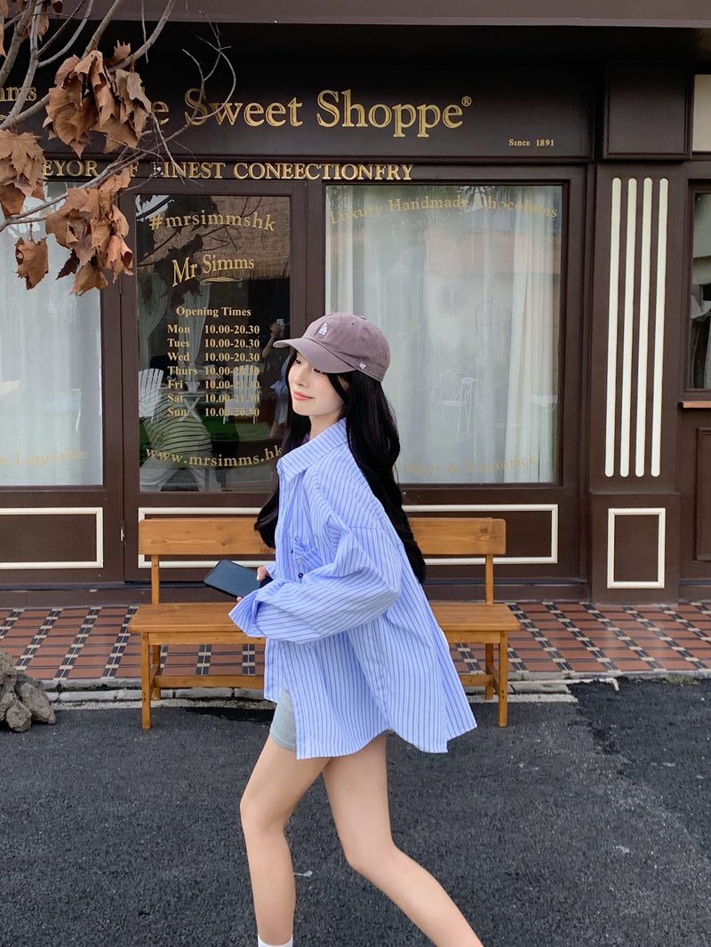 💕青春寬鬆百搭別緻彩色鈕扣條紋襯衫