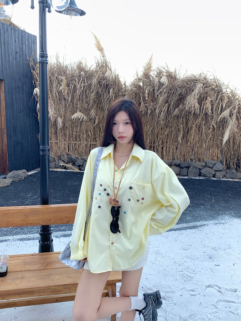💕青春寬鬆百搭別緻彩色鈕扣條紋襯衫