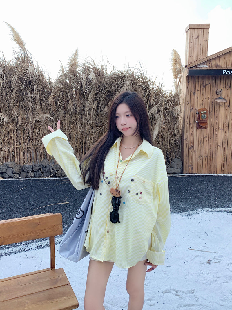 💕青春寬鬆百搭別緻彩色鈕扣條紋襯衫