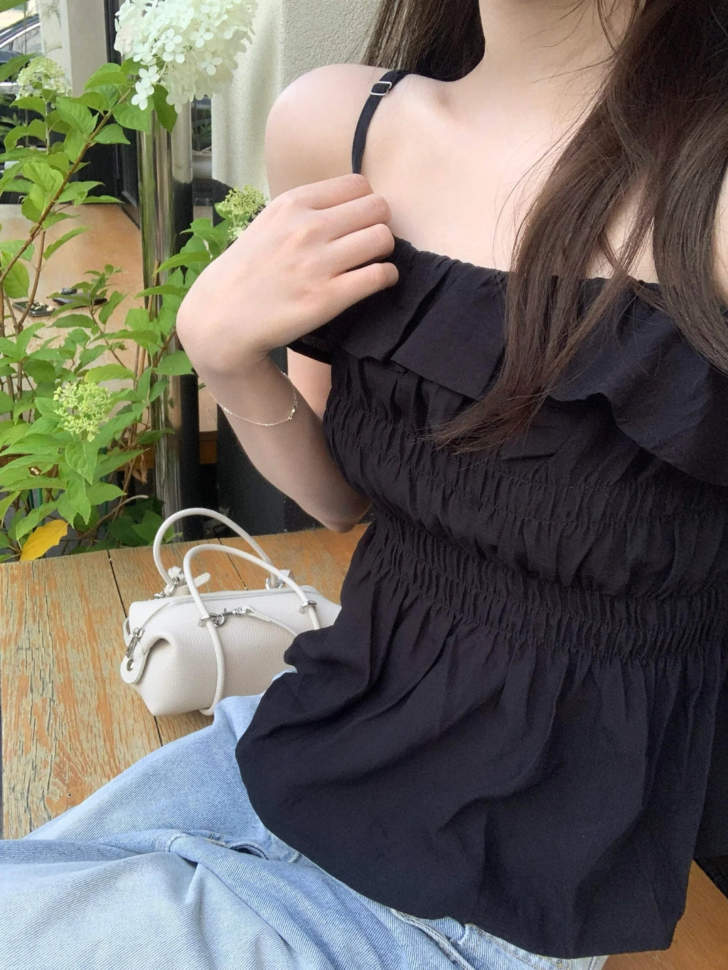 💕法式氣質溫柔荷葉邊皺褶吊帶背心