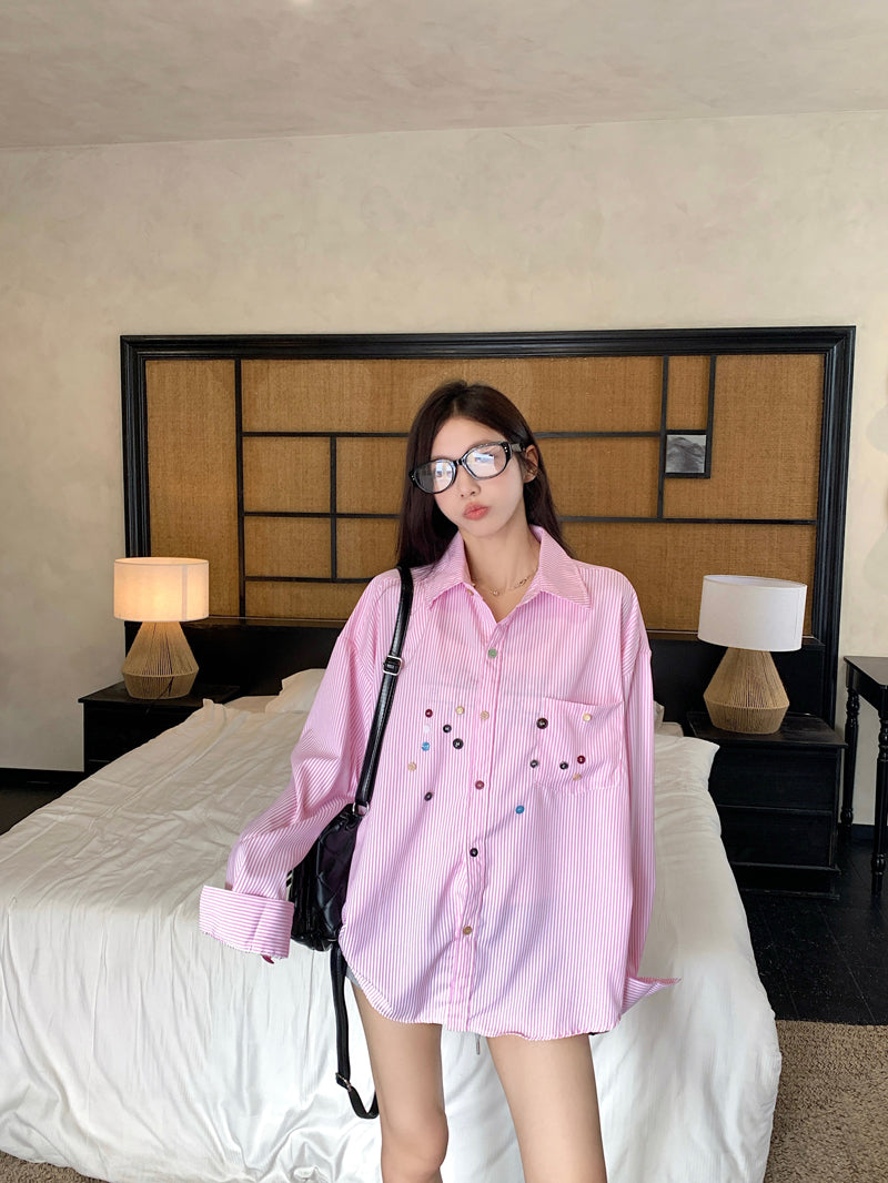 💕青春寬鬆百搭別緻彩色鈕扣條紋襯衫