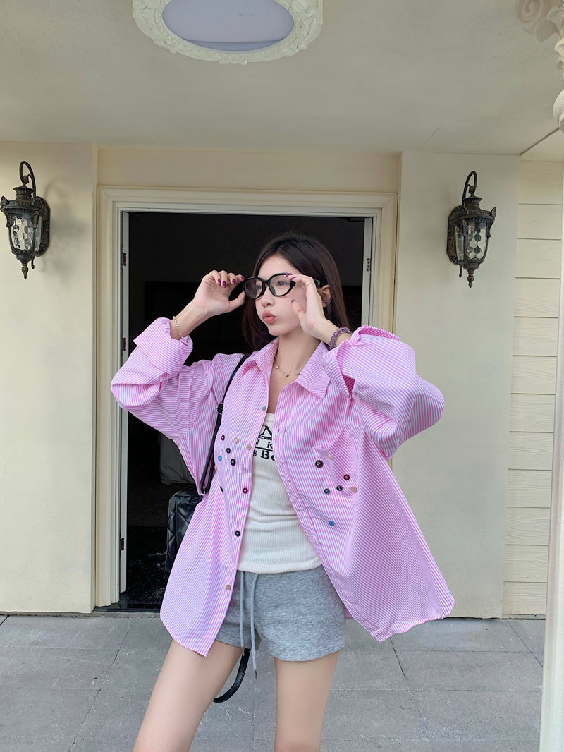 💕青春寬鬆百搭別緻彩色鈕扣條紋襯衫