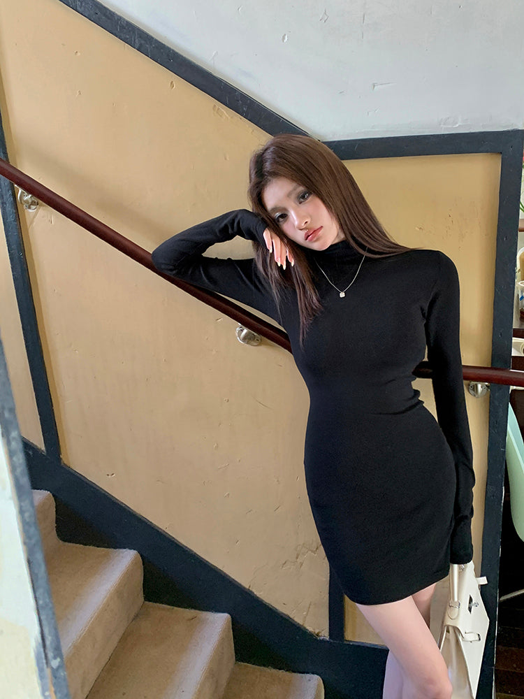💕秋冬抓絨絲滑質感高領打底顯瘦連身包臀短裙