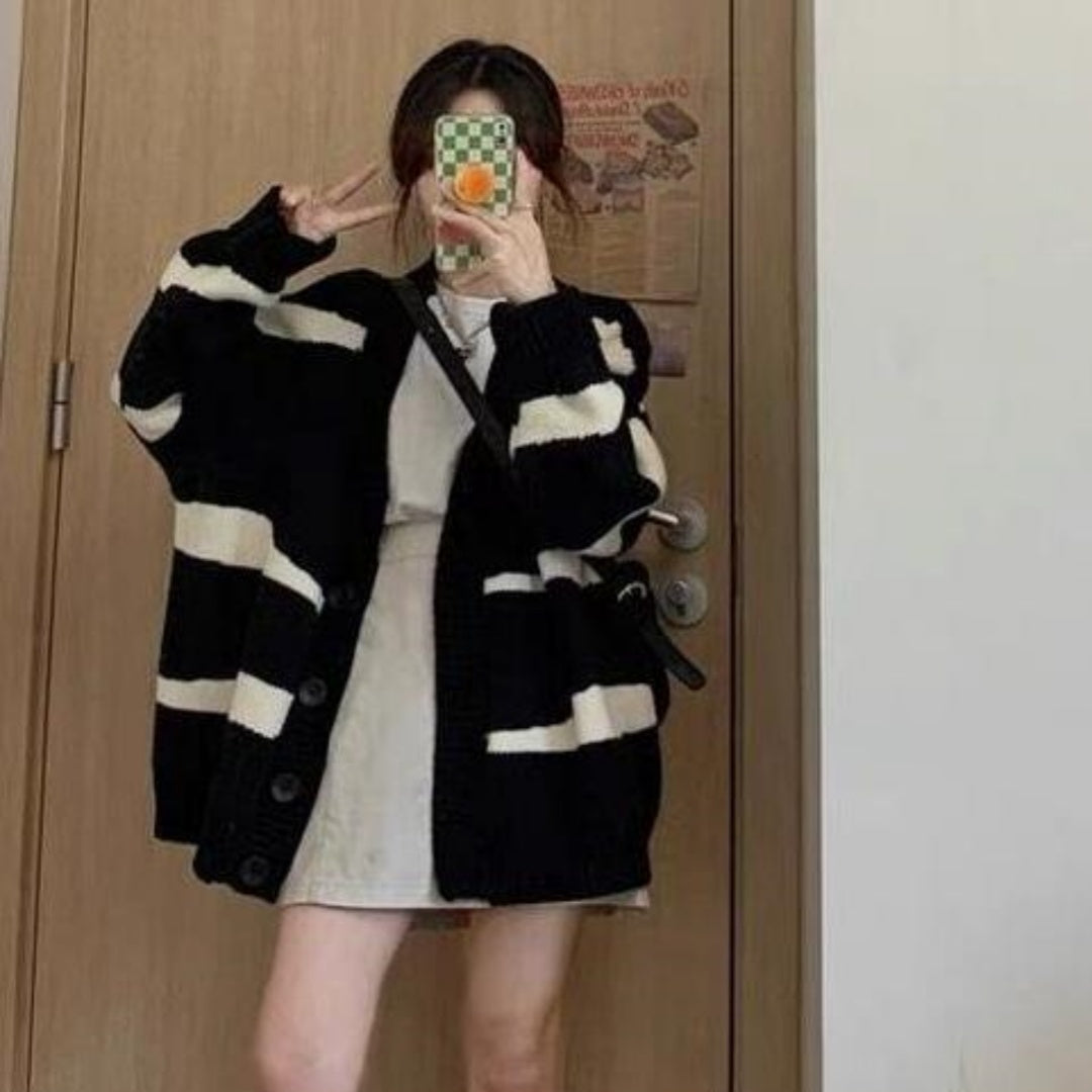 💕秋冬百搭慵懶黑白條紋奶甜毛衣外套