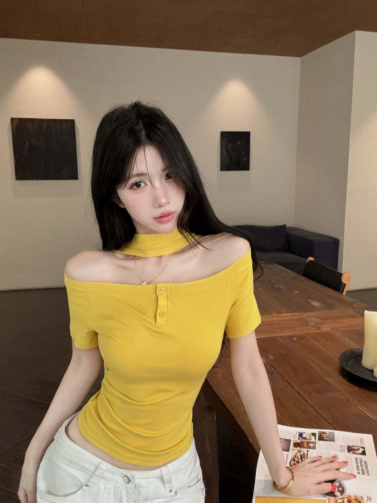 💕氣質設計感掛脖一字肩上衣