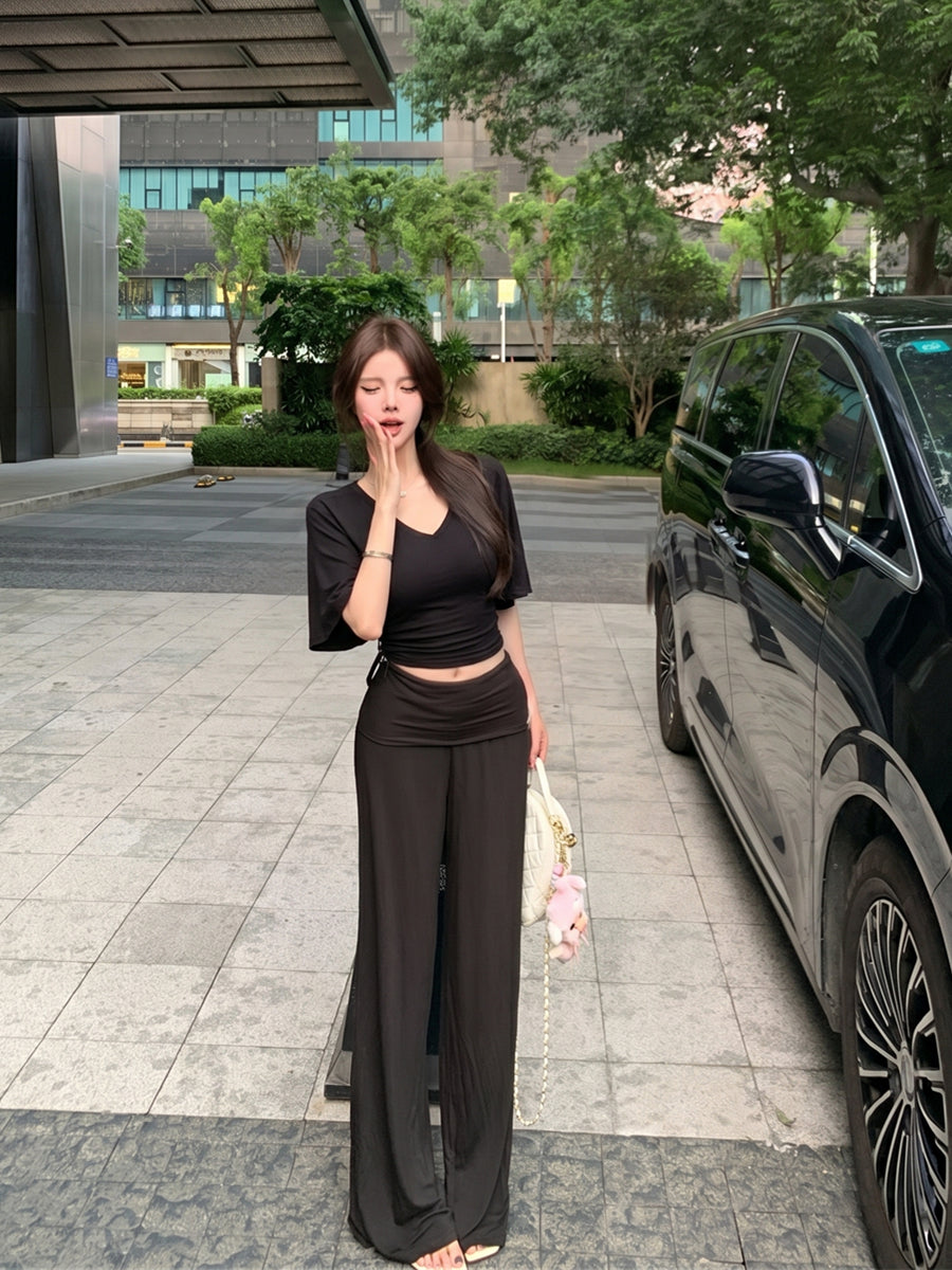 💕慵懶風V領收腰顯瘦蝙蝠袖上衣&直筒褲套裝