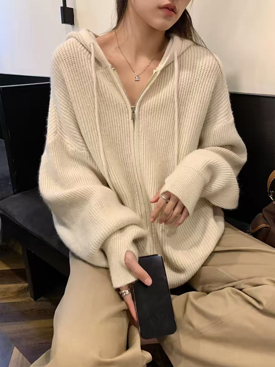 💕韓系慵懶連帽內搭針織拉鍊外套