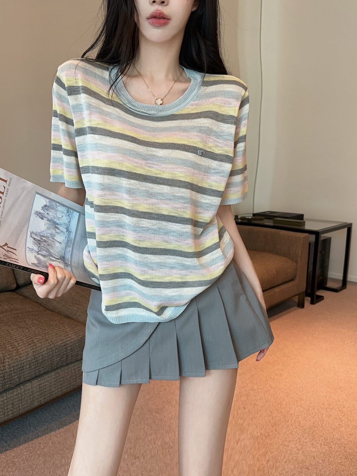 💕夏季清透感柔軟撞色條紋針織衫上衣