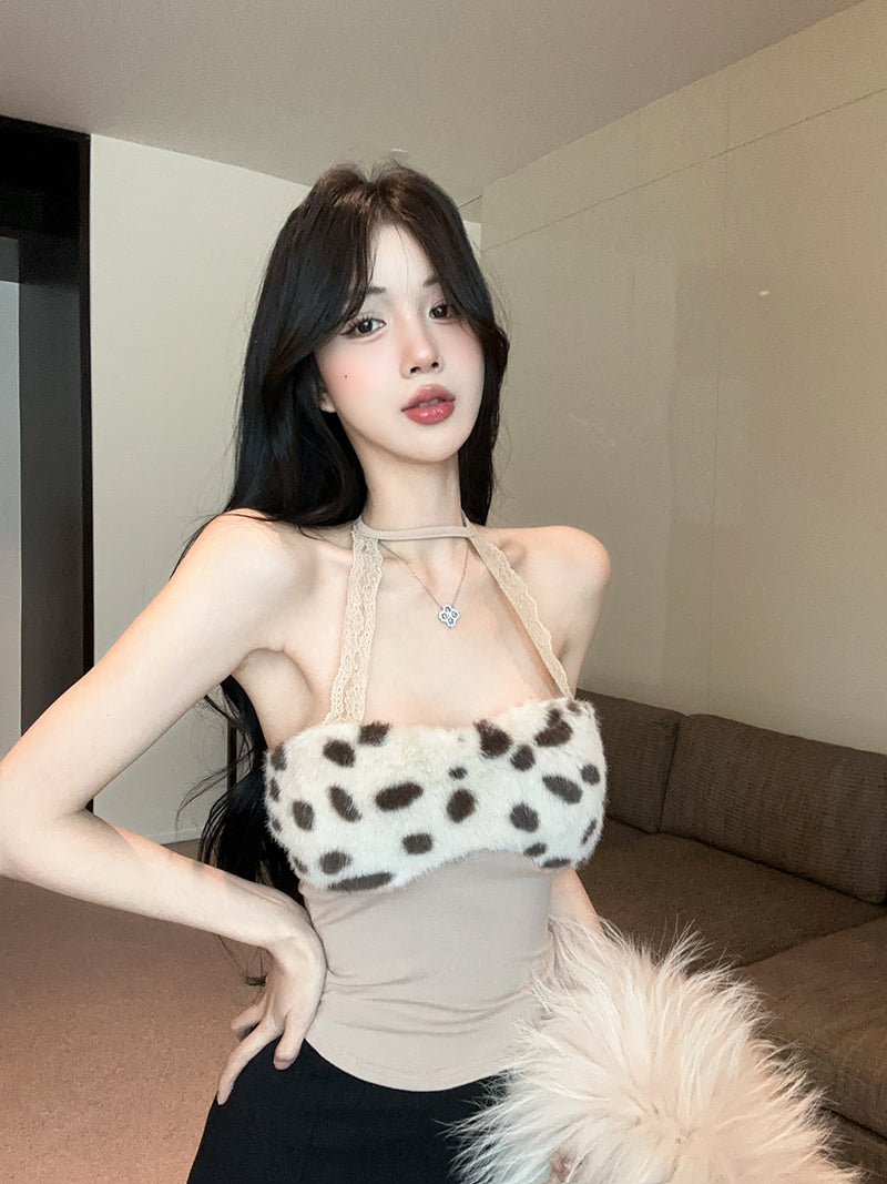 💕蕾絲掛脖拼接毛絨絨短款背心