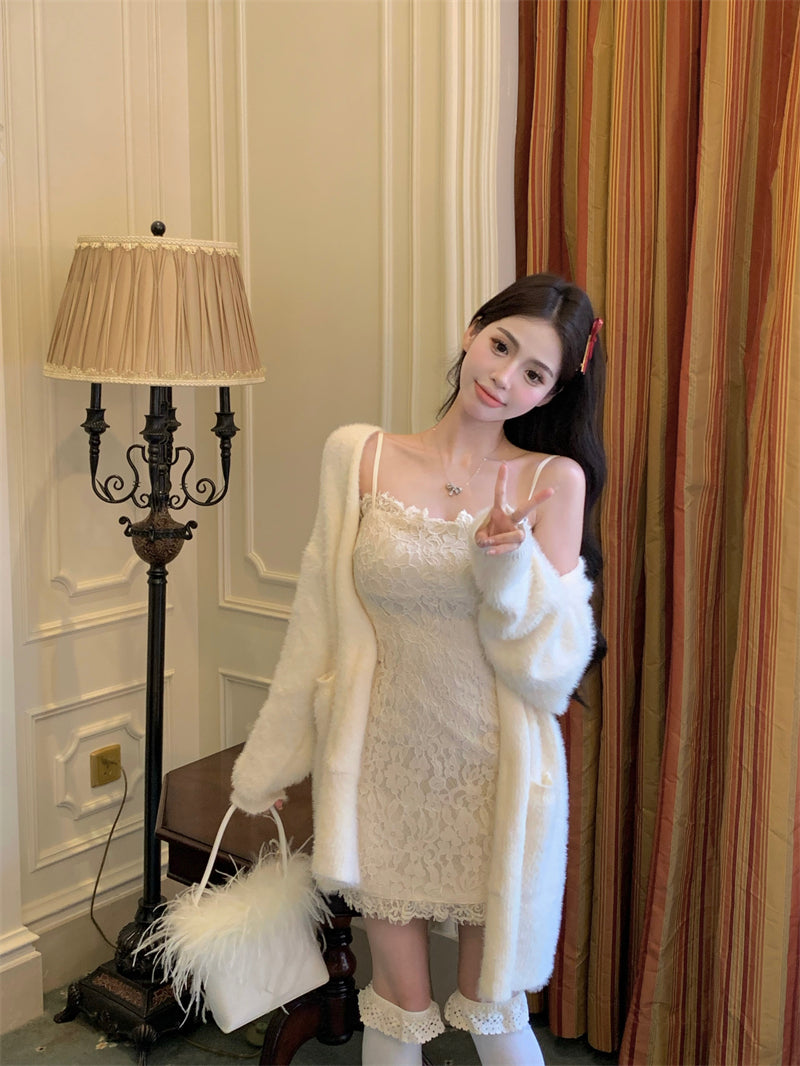 💕溫柔秋冬慵懶風修身蕾絲吊帶裙開衫兩件套