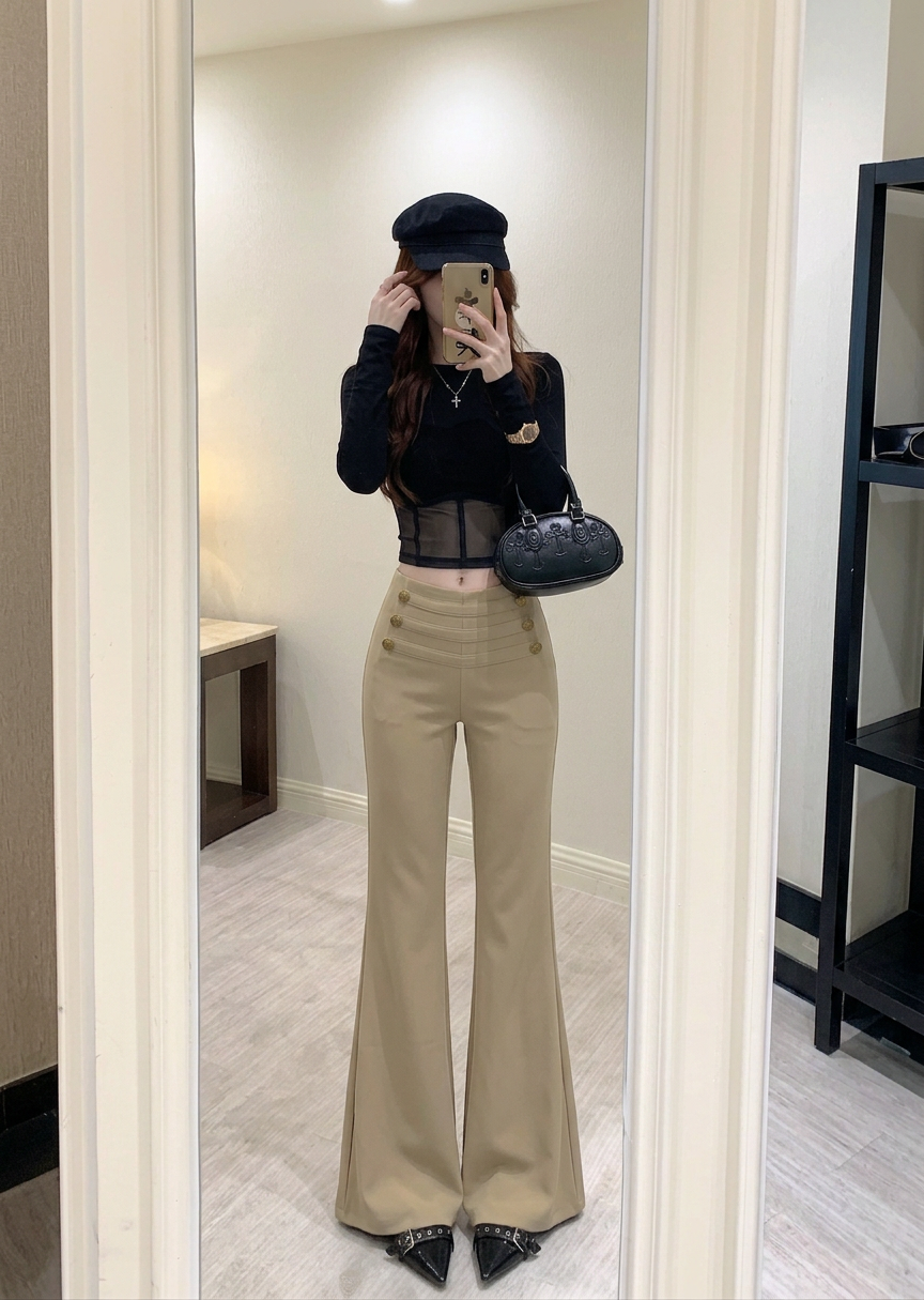 💕韓系辣妹純欲修身顯瘦高腰微喇叭長褲+百搭上衣