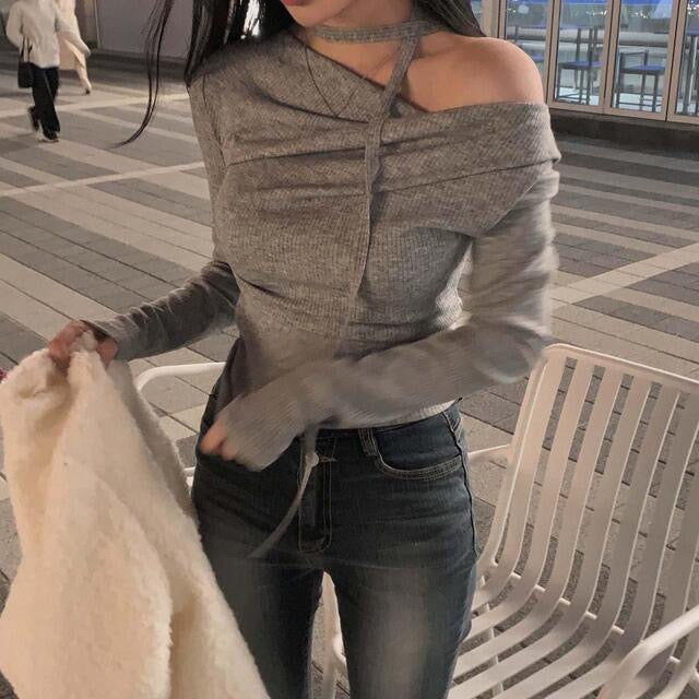 💕溫柔春秋純欲露肩+飄帶顯瘦法式上衣