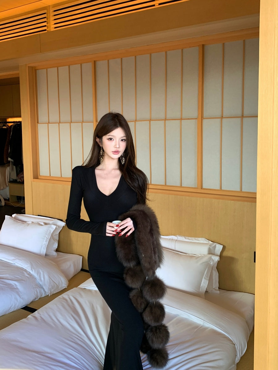 💕休閒V領精緻修身內搭長袖長裙