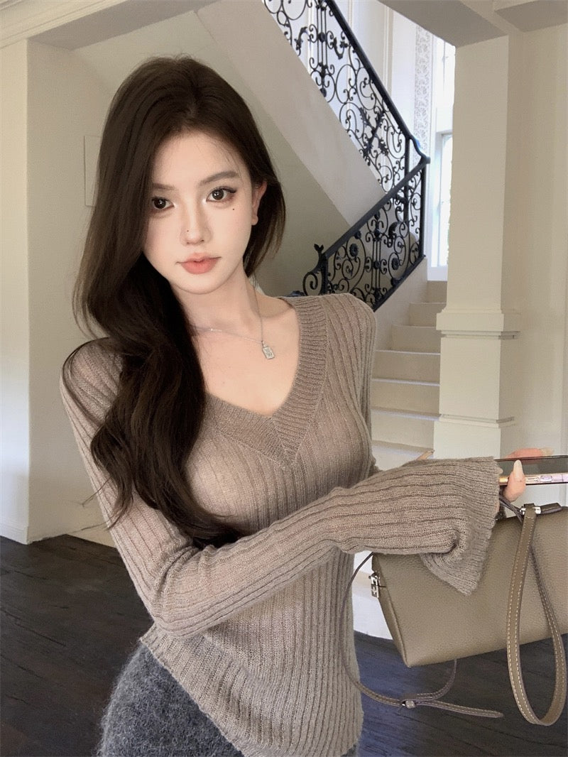 💕秋冬純欲辣妹性感V領喇叭袖上衣