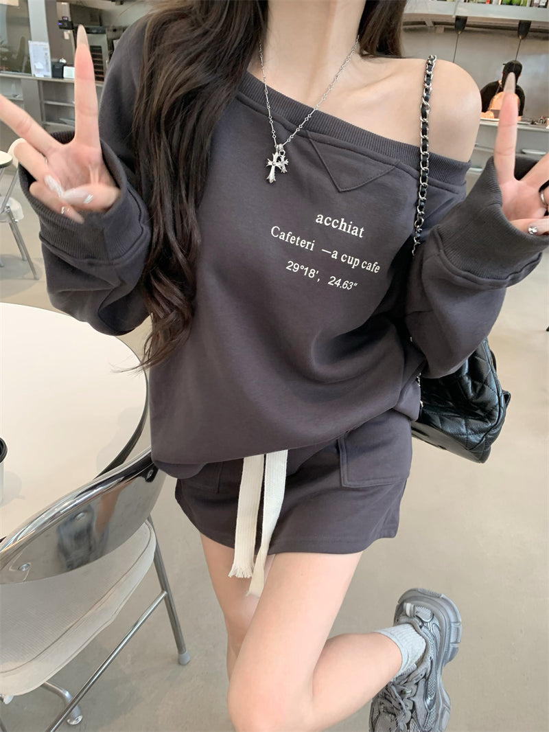 💕休閒簡約百搭一字肩印花長袖衛衣套裝