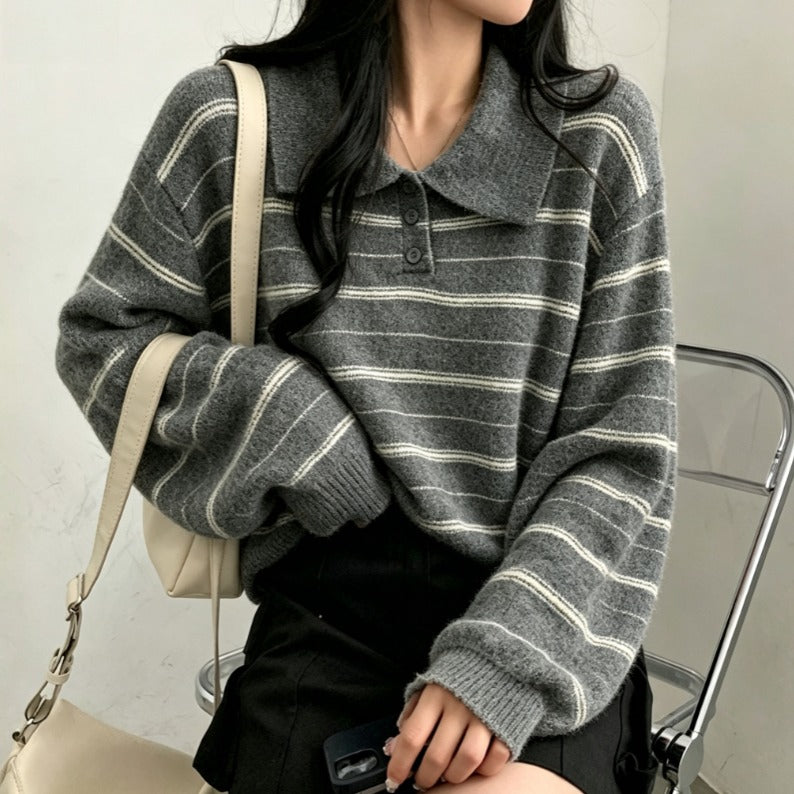 💕復古鬆弛感顯瘦條紋polo衫