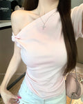 💕粉色短袖簡約斜肩T袖上衣