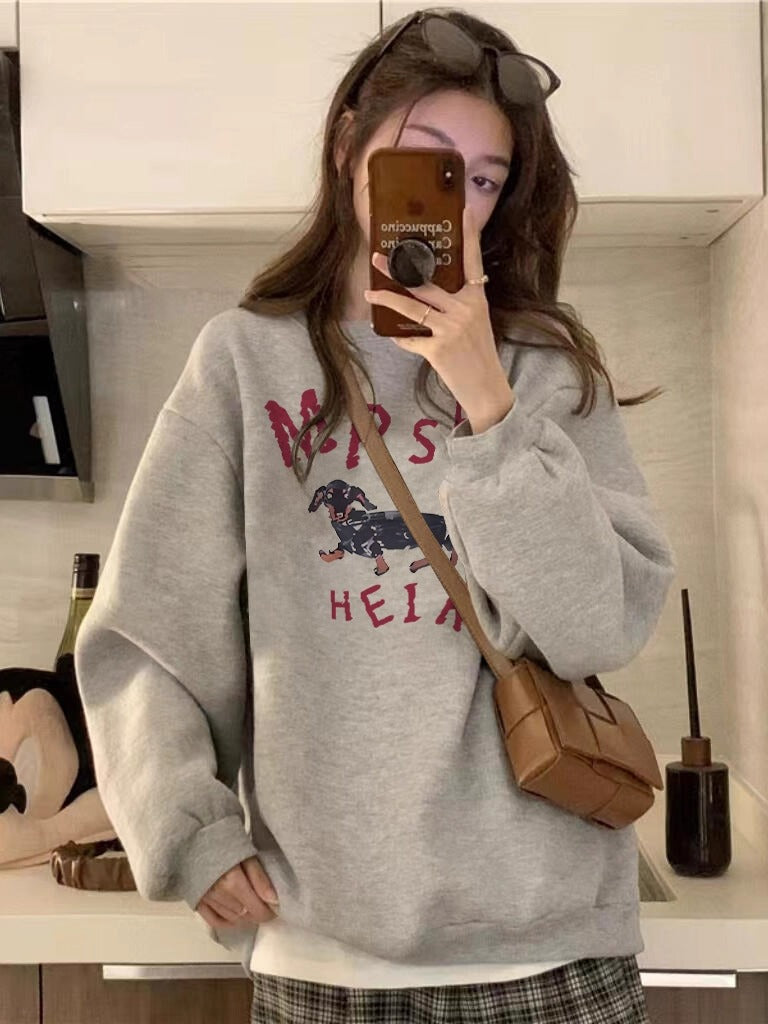 💕簡約居家臘腸狗勾印花長袖圓領衛衣