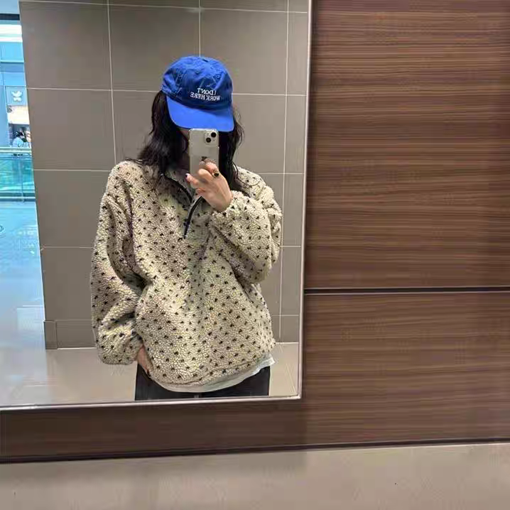 💕ins風立領點點搖粒絨休閒寬鬆衛衣