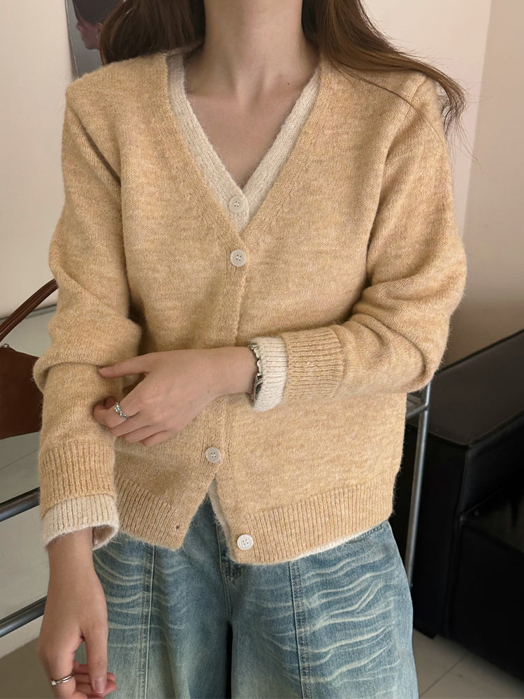 💕韓系簡約日常撞色假兩件針織開衫