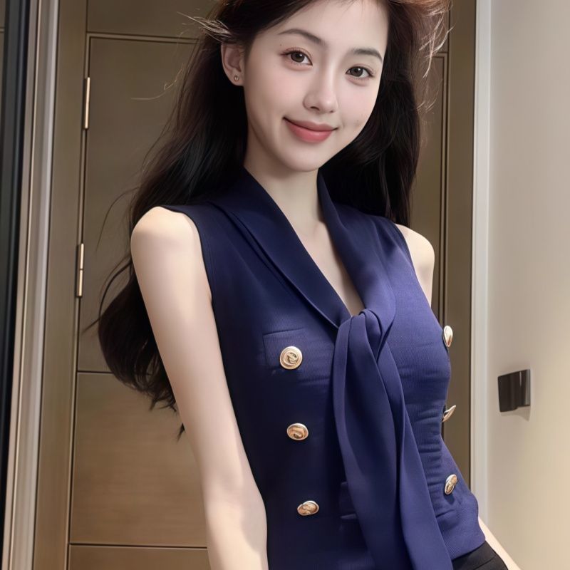 💕法式名媛蝴蝶結飄帶修身無袖上衣