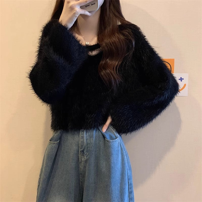 💕秋冬慵懶軟糯水貂毛短款上衣