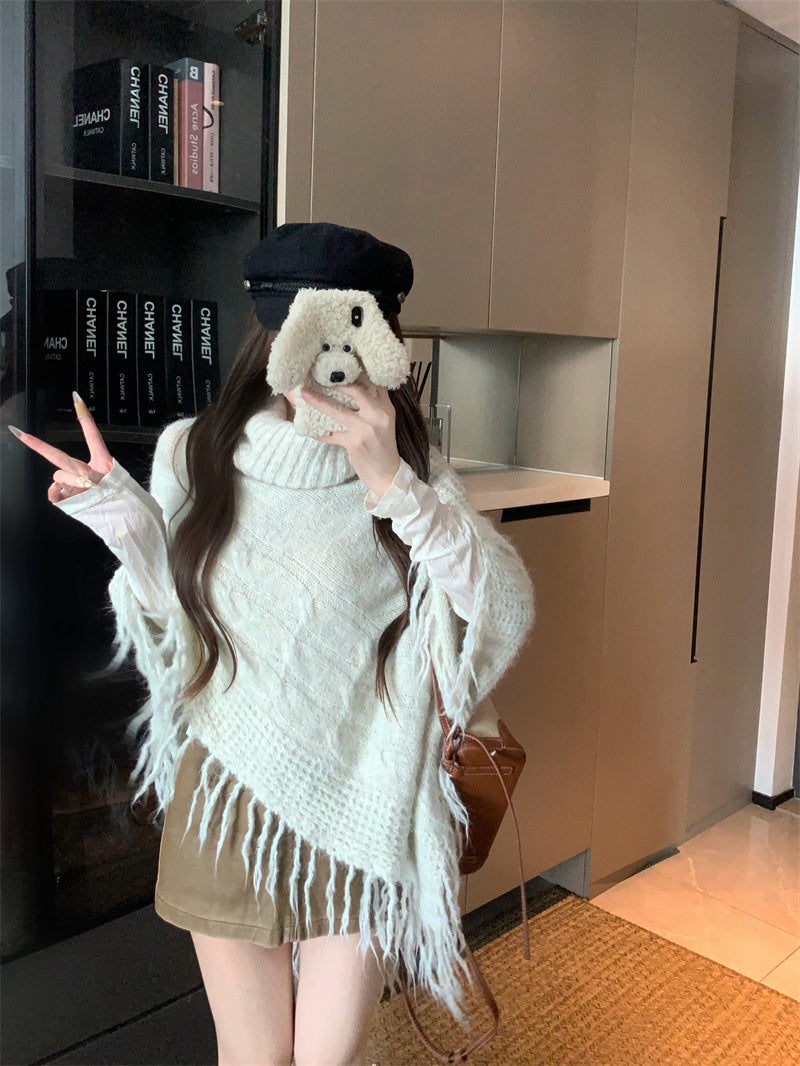 💕法式溫柔斗篷披肩氛圍感高領上衣