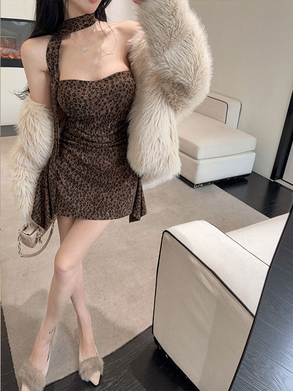 💕性感豹紋飄帶抹胸不規則連衣裙