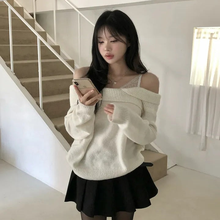 💕chic秋季假兩件蕾絲花邊打底一字肩針織上衣