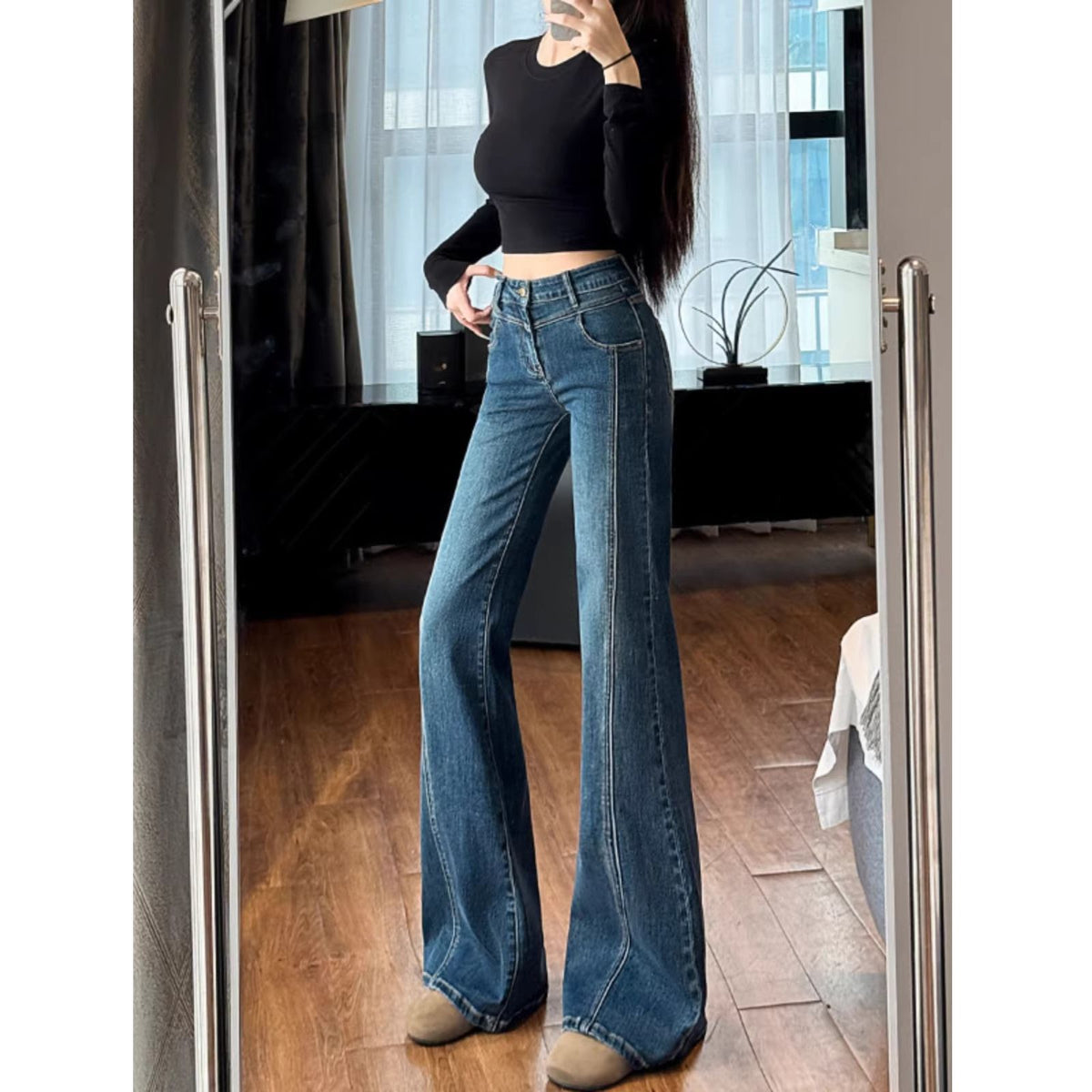 💕美式氣質小個子彈力藍色微喇叭牛仔長褲